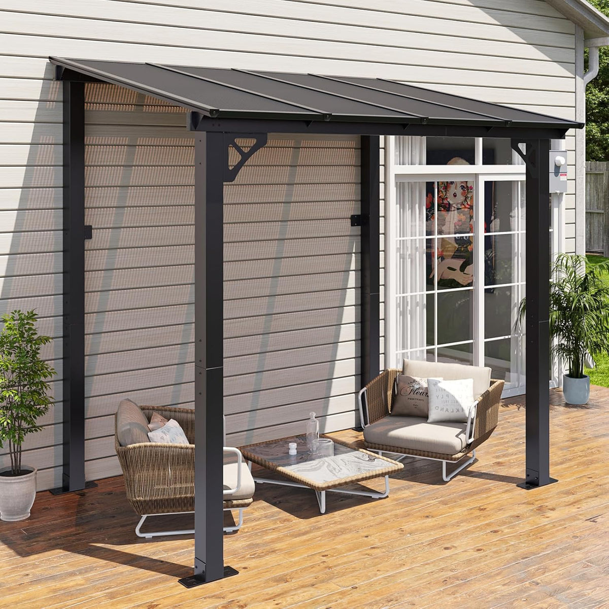 Aoxun 8'x 5' Premium Gazebo with Aluminum Top Frame & Polycarbonate Panel, Wall Mounted Gazebos Pergola, Outdoor Patio Lean to Gazebo, Awnings with Sloped Roof, for Backyard, Porch, Deck