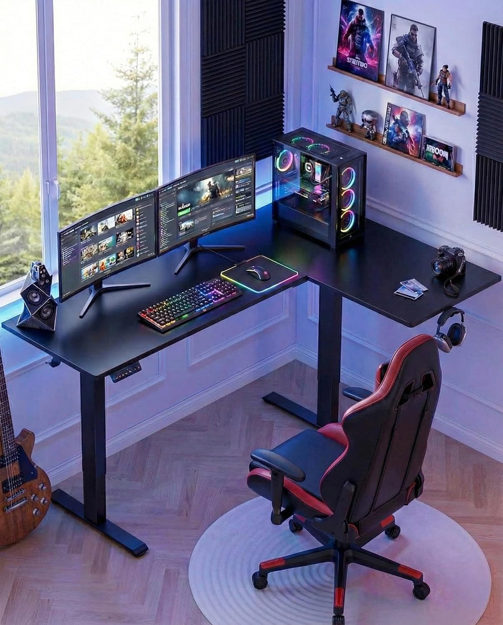HUANUO Dual Motor L-Shaped Standing Gaming Desk, 71 x 48 inch Corner Standing Desk, Electric Adjustable Gamer Computer Table with Cable Tray & 3 Preset Heights, Raising Table for Home Office, Black