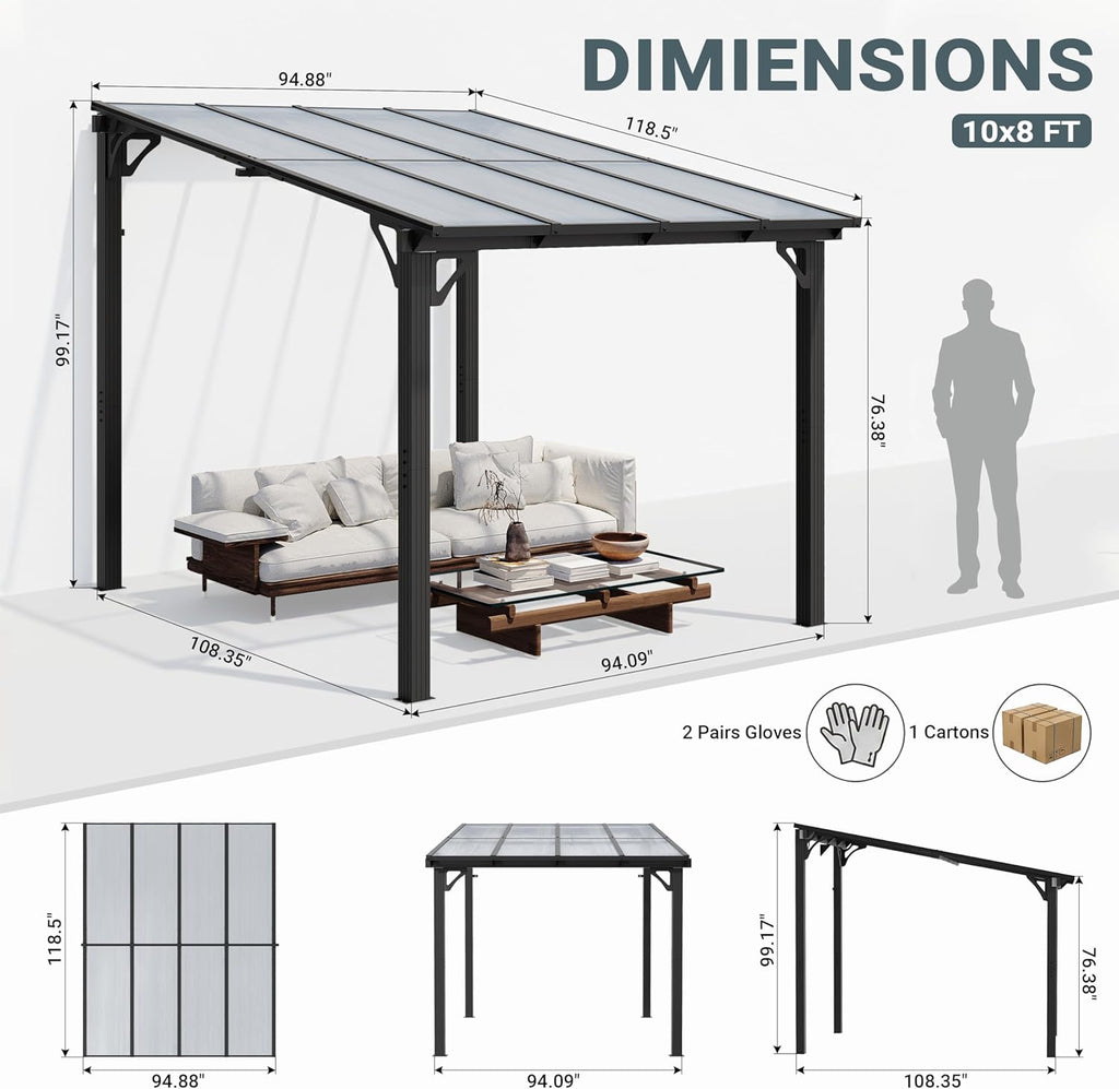 AirWire 10'x8' Wall-Mounted Lean to Gazebo with Aluminum Frame & Polycarbonate Panel, 8x10 FT Hardtop Pergola with Sloped Roof for Backyard, Porch, Deck