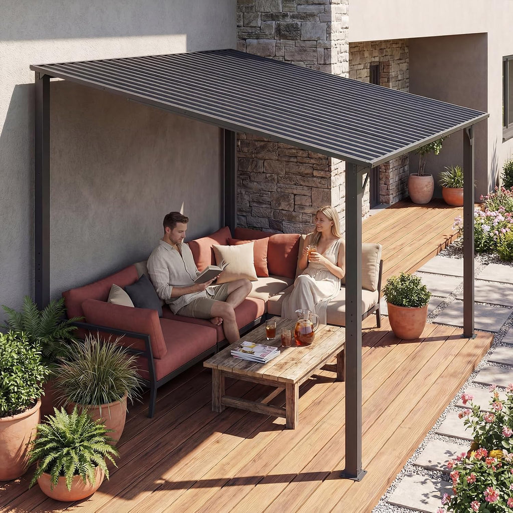 SUNSITT 10 * 10FT Outdoor Gazebo, Lean to Gazebo Pergola w/Drainage Holes, Wall-Mounted Gazebos with Galvanized Iron Hard Top Awnings for Yard, Dark Grey