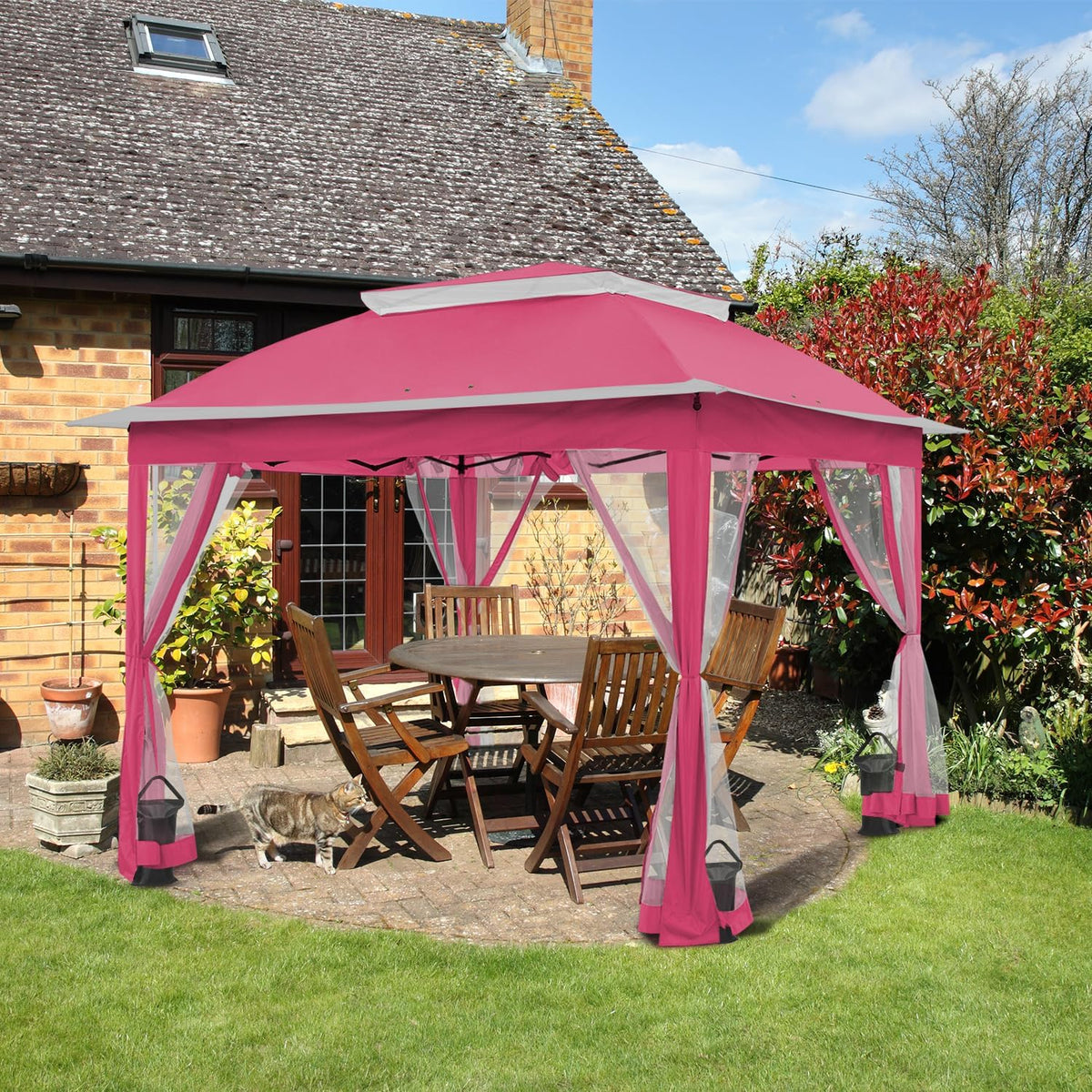 COOS BAY 11x11 Pop Up Gazebo with Mesh Netting, Instant Outdoor Canopy Tent, Water Resistant Shelter with UPF 50+ UV Protection, 121 Sq Ft Coverage, Dark Pink