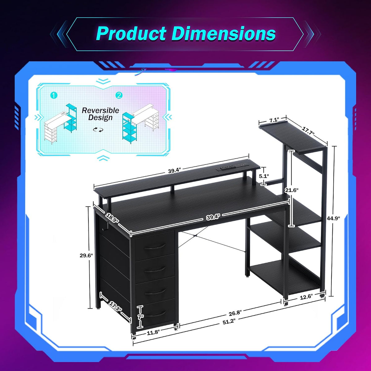 51 Inch Gaming Desk with LED Lights and Power Outlets, Computer Desk with Storage Shelves, Fabric Drawers, Monitor Stand & Side Hook, Reversible Gamer Table for Home Office, Carbon Fiber Black