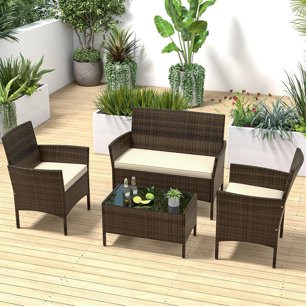 ORALNER 4 Pieces Patio Furniture Set, Rattan Chairs Loveseat with Soft Cushion and Glass Table, Outdoor Wicker Conversation Set for Balcony Garden Backyard Porch Poolside (Beige)
