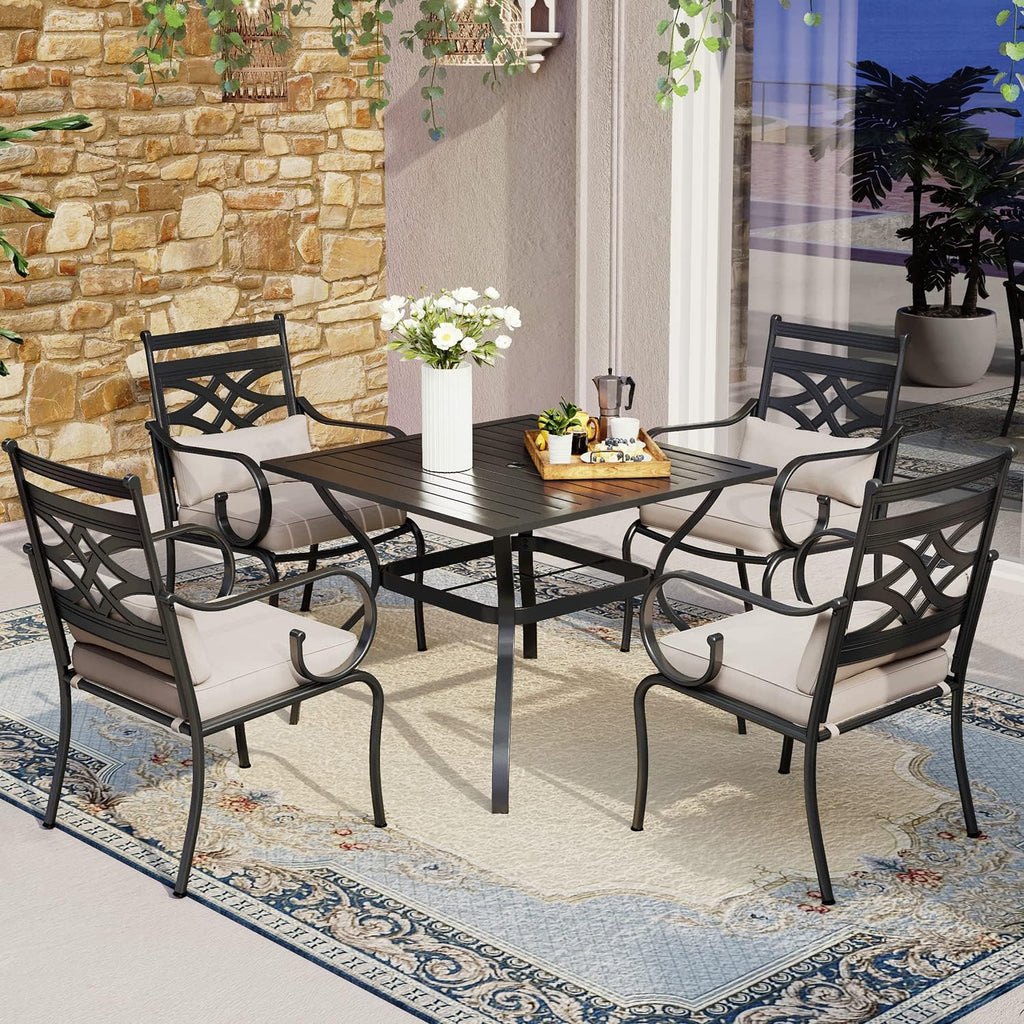 MFSTUDIO Patio Table and Chairs Set, Outdoor Dining Set for 4 with Umbrella Hole, 5 Piece Patio Dining Sets for Deck, Poolside, Backyard, Garden