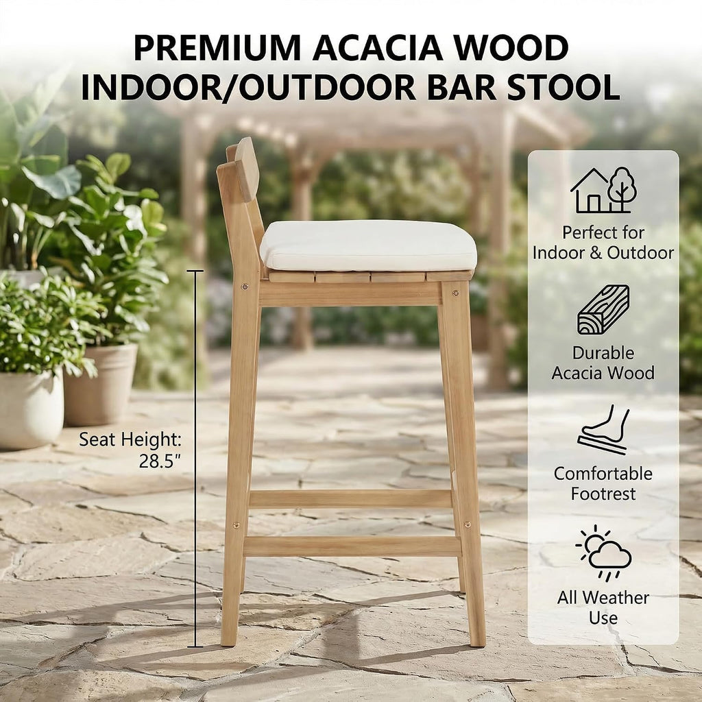 Patio Bar Stools Set of 2, Solid Acacia Wood Patio Barstools with Footrest, 28.5' Counter Height Outdoor Bar Stools, High Top Patio Bar Chairs for Balcony/Deck/Kitchen Island/Bistro, Beige