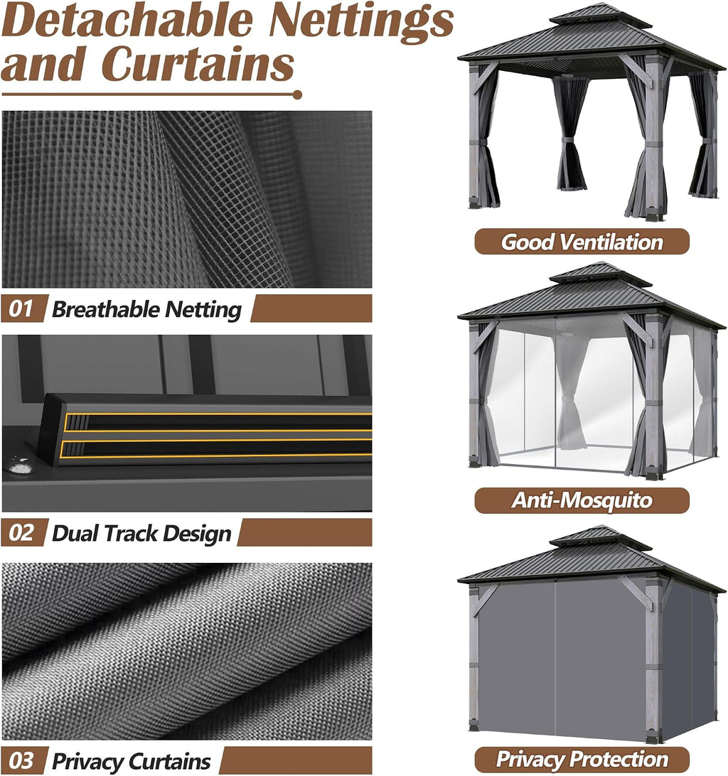 10' x 10' Wood Gazebo, Outdoor Cedar Wood Hardtop Gazebo with Galvanized Steel Doule Roof, Wooden Frame Gazebos with Netting and Curtains for Patio Backyard Deck