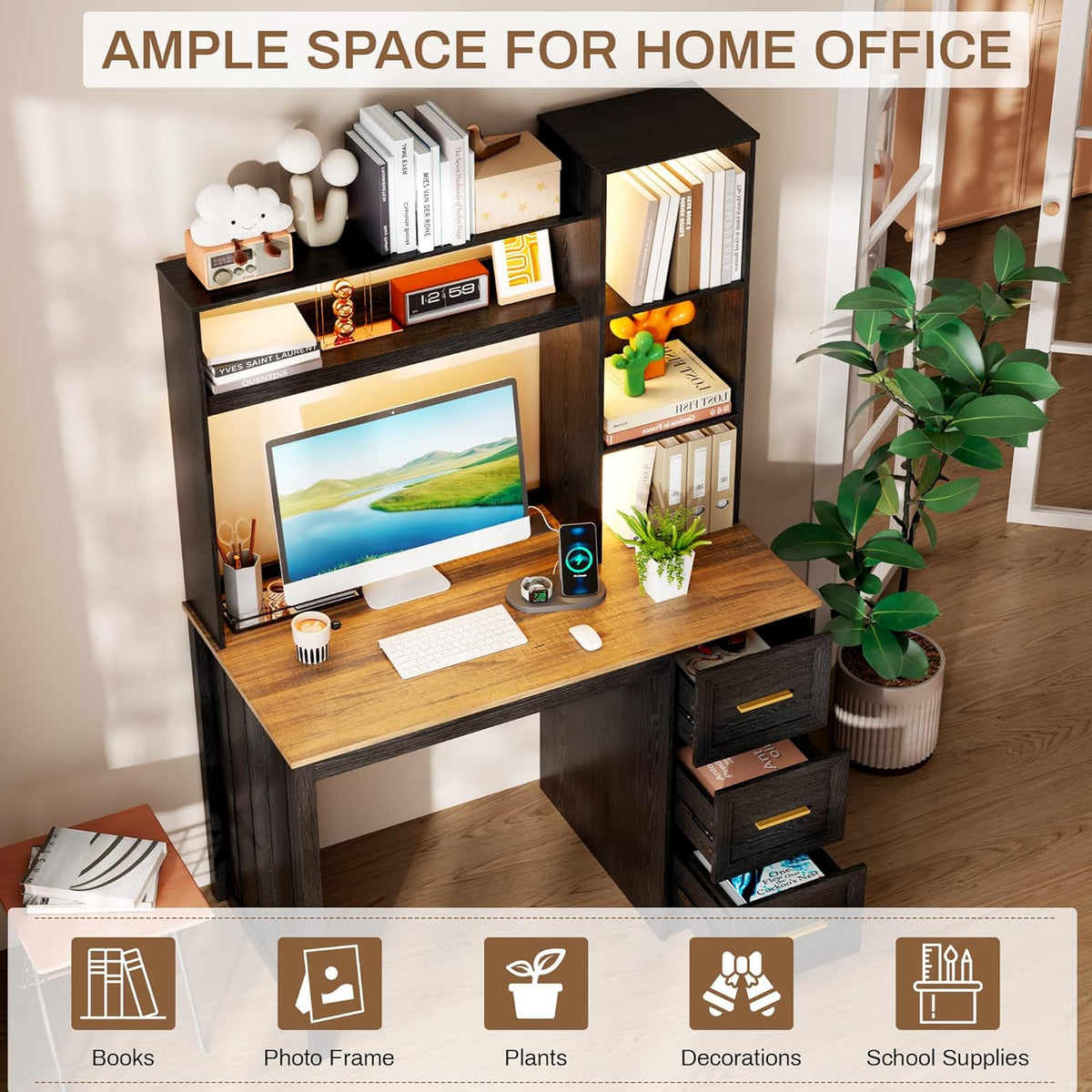 LVSOMT 40' Home Office Desk with Hutch and Drawers, Computer Desk with Power Outlets and LED Light, Study Writing Gaming Table with Storage Shelves, Workstation for Bedroom, Black