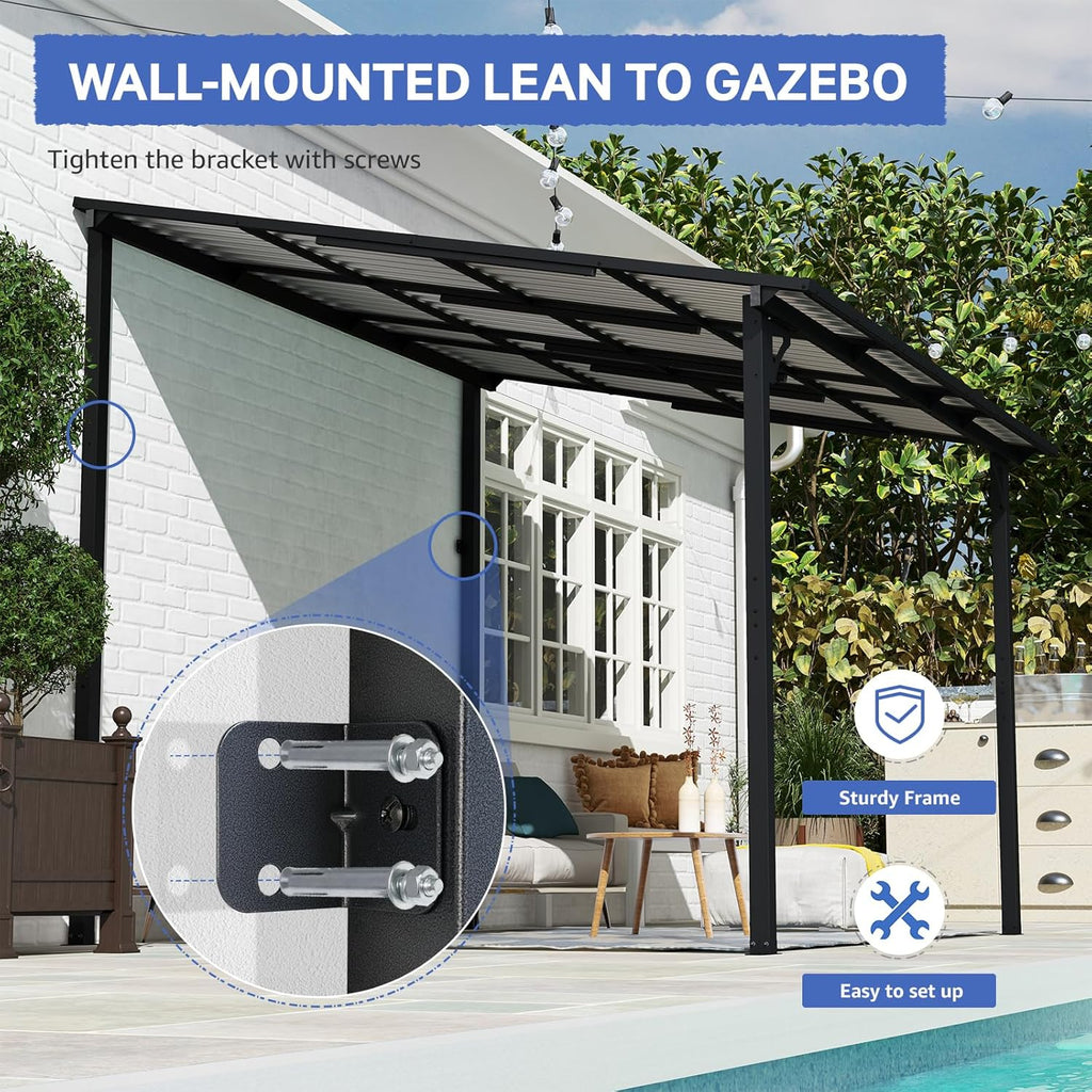 SUNSITT 8 * 10FT Outdoor Gazebo, Lean to Gazebo Pergola w/Drainage Holes, Wall-Mounted Gazebos with Galvanized Iron Hard Top Awnings for Yard, Dark Grey