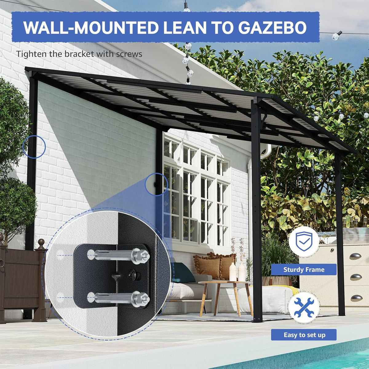 SUNSITT 8 * 10FT Outdoor Gazebo, Lean to Gazebo Pergola w/Drainage Holes, Wall-Mounted Gazebos with Galvanized Iron Hard Top Awnings for Yard, Dark Grey