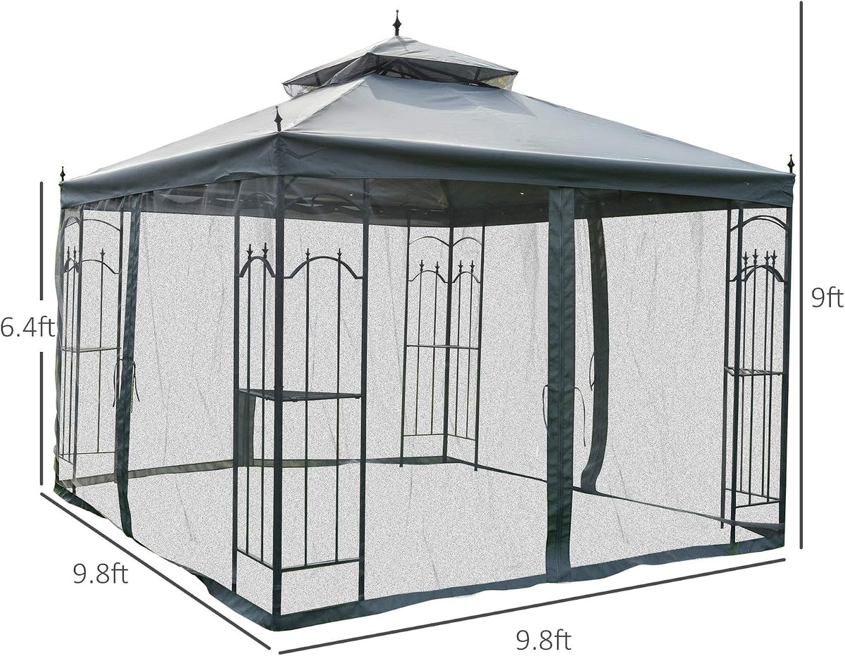 Outsunny 10' x 10' Patio Gazebo with Corner Frame Shelves, Double Roof Outdoor Gazebo Canopy Shelter with Netting for Patio, Wedding, Catering & Events, Gray