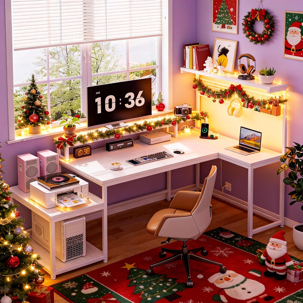 DurayLoly White Desk with Shelves & Hooks, 63.5' L Shaped Computer Desk with Monitor Stand & Power Outlets & LED Lights and Printer Space for Home Office, Bedroom, White