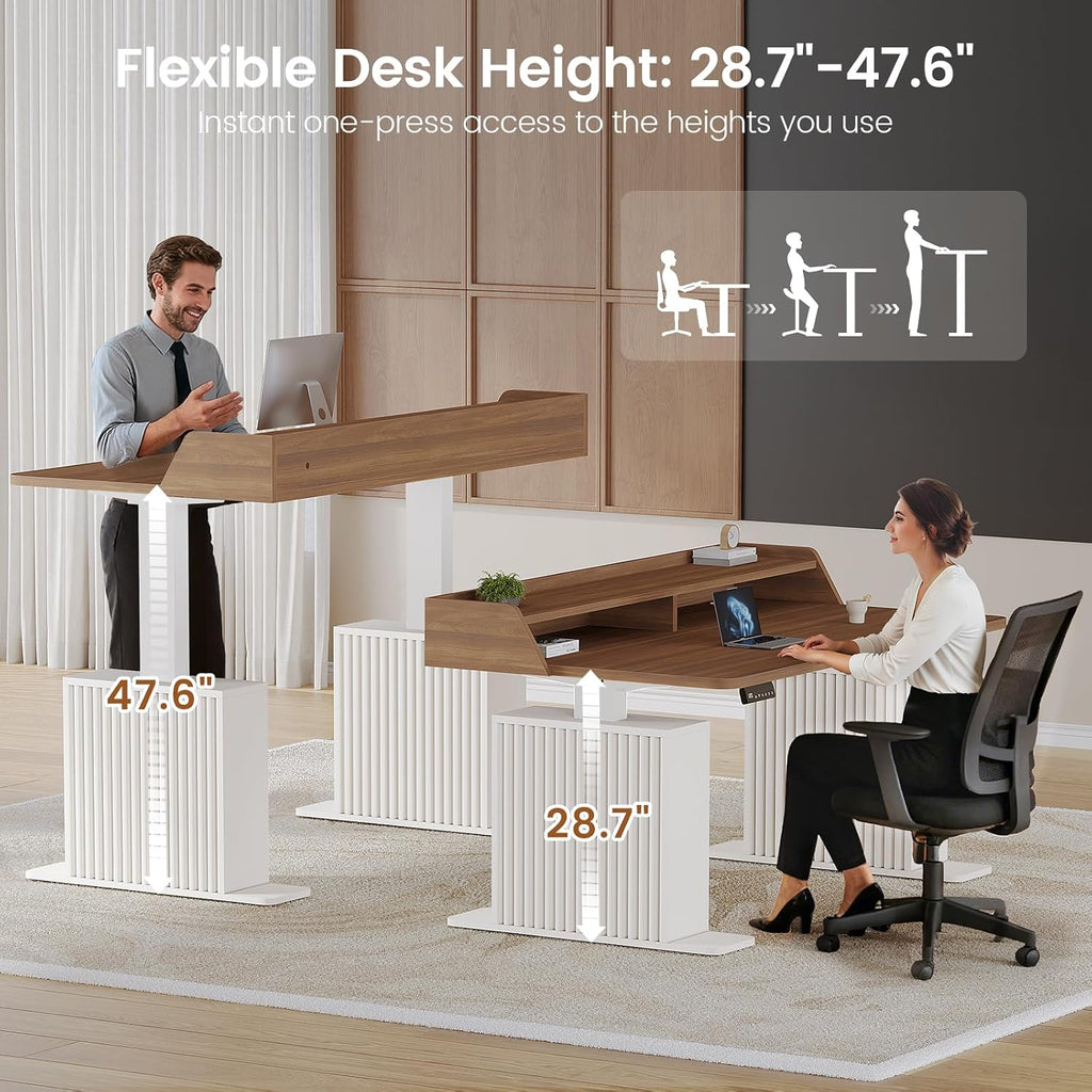 SEDETA Standing Desk with Storage, 55' Fluted Stand Up Desk with Power Outlets & LED Lights, Height Adjustable Table with Monitor Shelf for Home Office, Gaming, Brown + White
