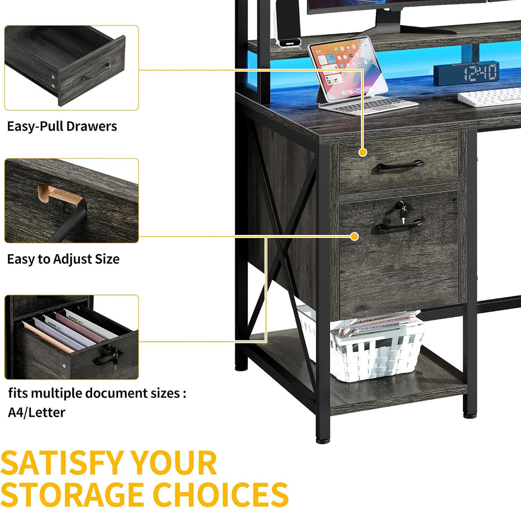 DWVO Computer Desk with Drawers & Hutch, 59.1' Office Desk with Power Outlets & LED Lights, Home Office Desk with Storage Shelves, Grey