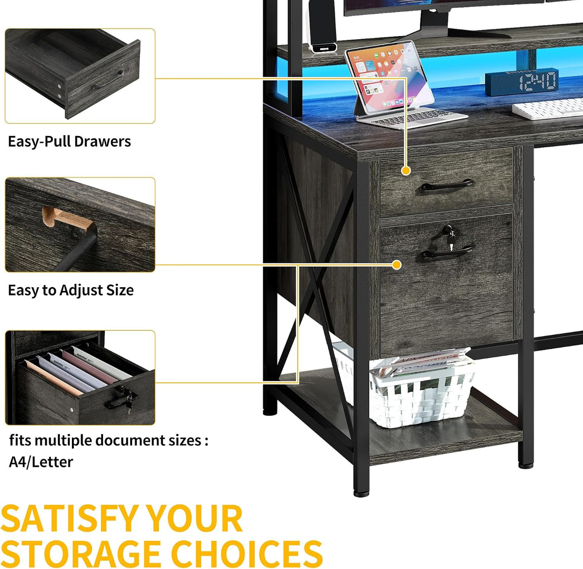 DWVO Computer Desk with Drawers & Hutch, 59.1' Office Desk with Power Outlets & LED Lights, Home Office Desk with Storage Shelves, Grey