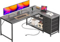 PRAISUN 53' L Shaped Desk with Power Outlets and USB-C Port, Reversible Computer Corner Office Desk with 4 Fabric Drawers and 2 Height-Adjustable Shelves, Large for Gaming Writing Work Study, Grey