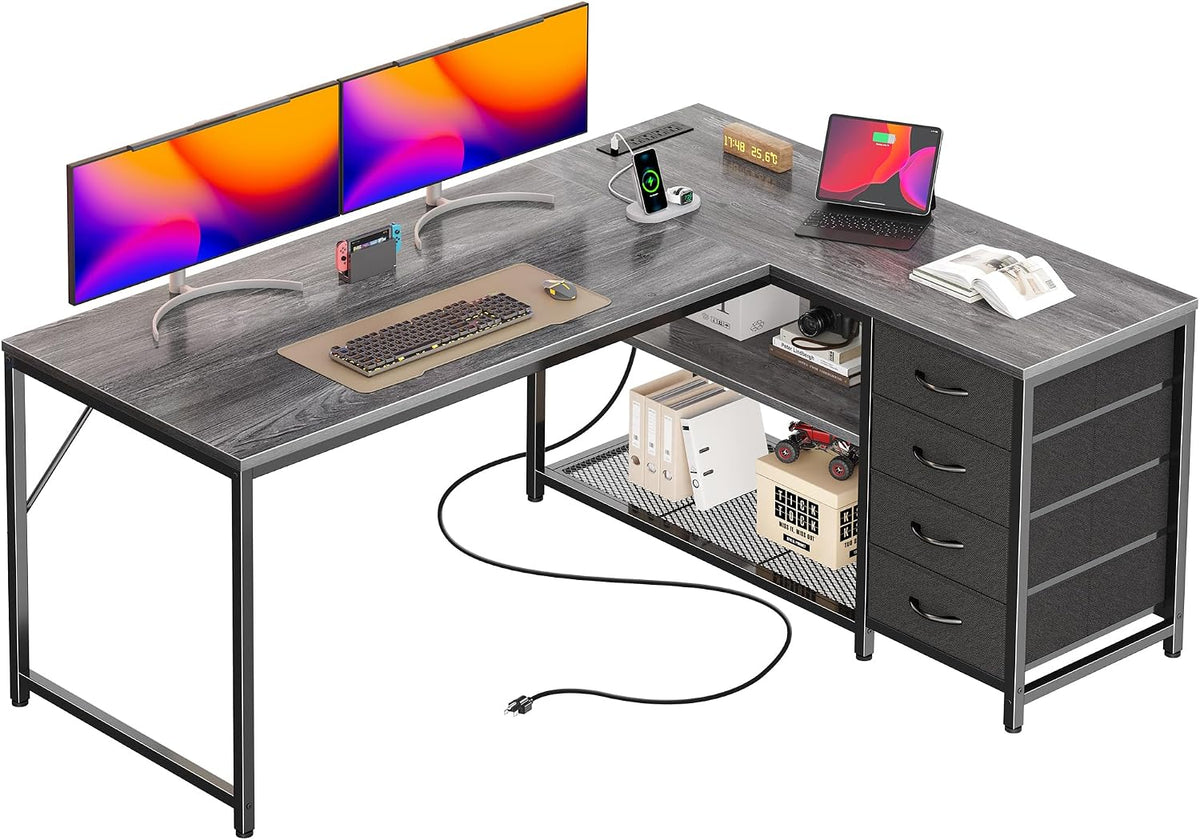 PRAISUN 53' L Shaped Desk with Power Outlets and USB-C Port, Reversible Computer Corner Office Desk with 4 Fabric Drawers and 2 Height-Adjustable Shelves, Large for Gaming Writing Work Study, Grey
