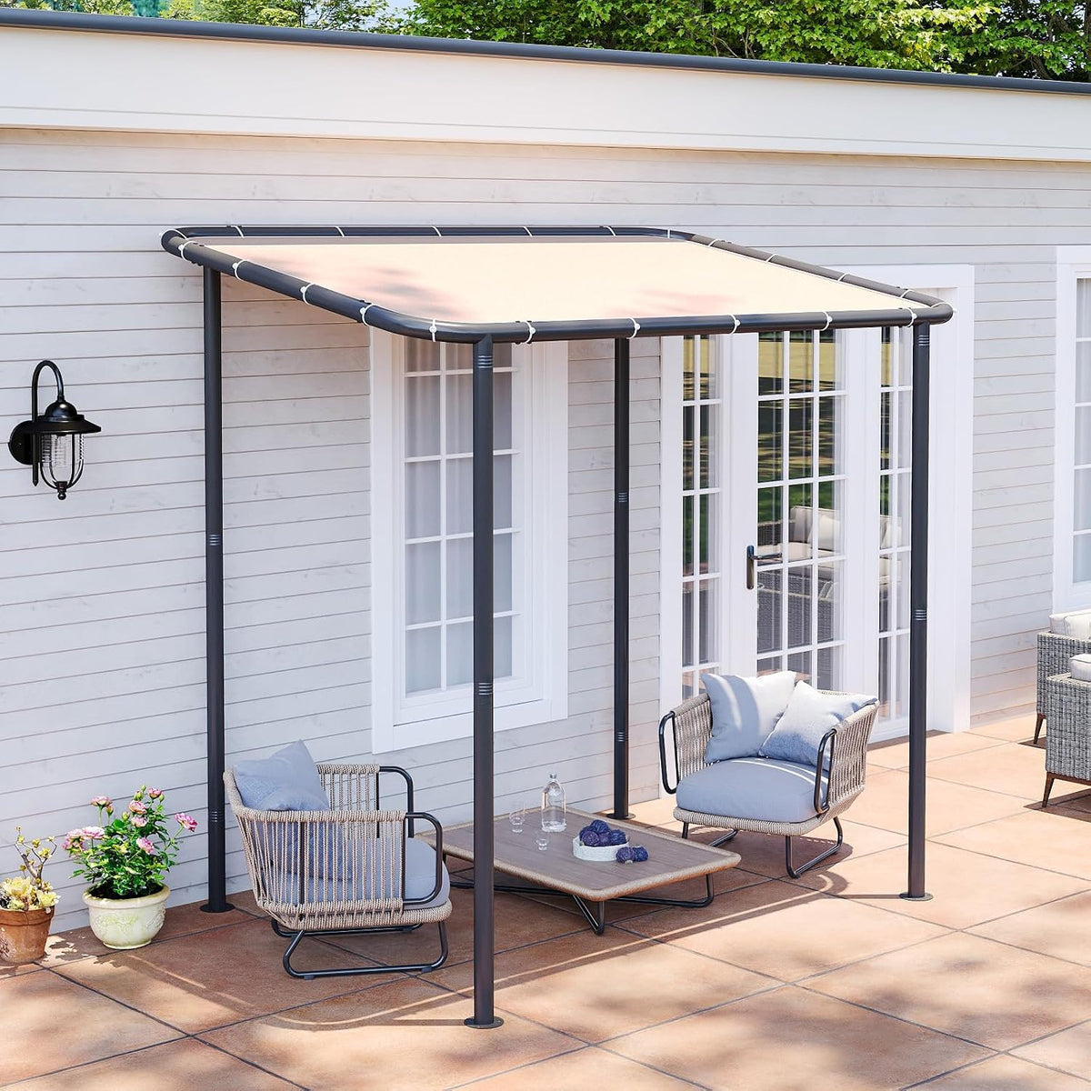 Aoxun 8x5 Lean to Gazebo Outdoor Pergola with Water Resistant & UV-Resistant, Wall-Mounted Canopy with Sloped Roof for Backyard, Deck, Patio or Garden Khaki