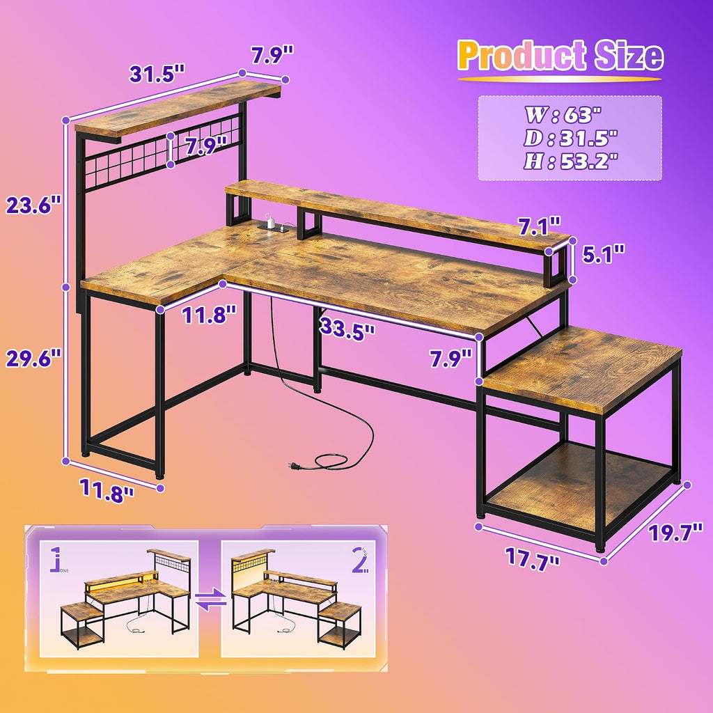 EnHomee 63' L Shaped Gaming Desk with LED Lights & Power Outlets,Reversible Corner Gaming Table with Storage Shelf & Hooks,Computer Desk with Monitor Stand & Print Stand for Home Office,Rustic Brown