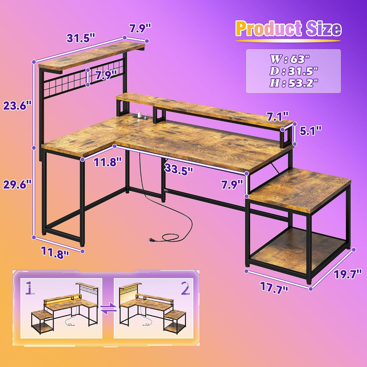 EnHomee 63' L Shaped Gaming Desk with LED Lights & Power Outlets,Reversible Corner Gaming Table with Storage Shelf & Hooks,Computer Desk with Monitor Stand & Print Stand for Home Office,Rustic Brown