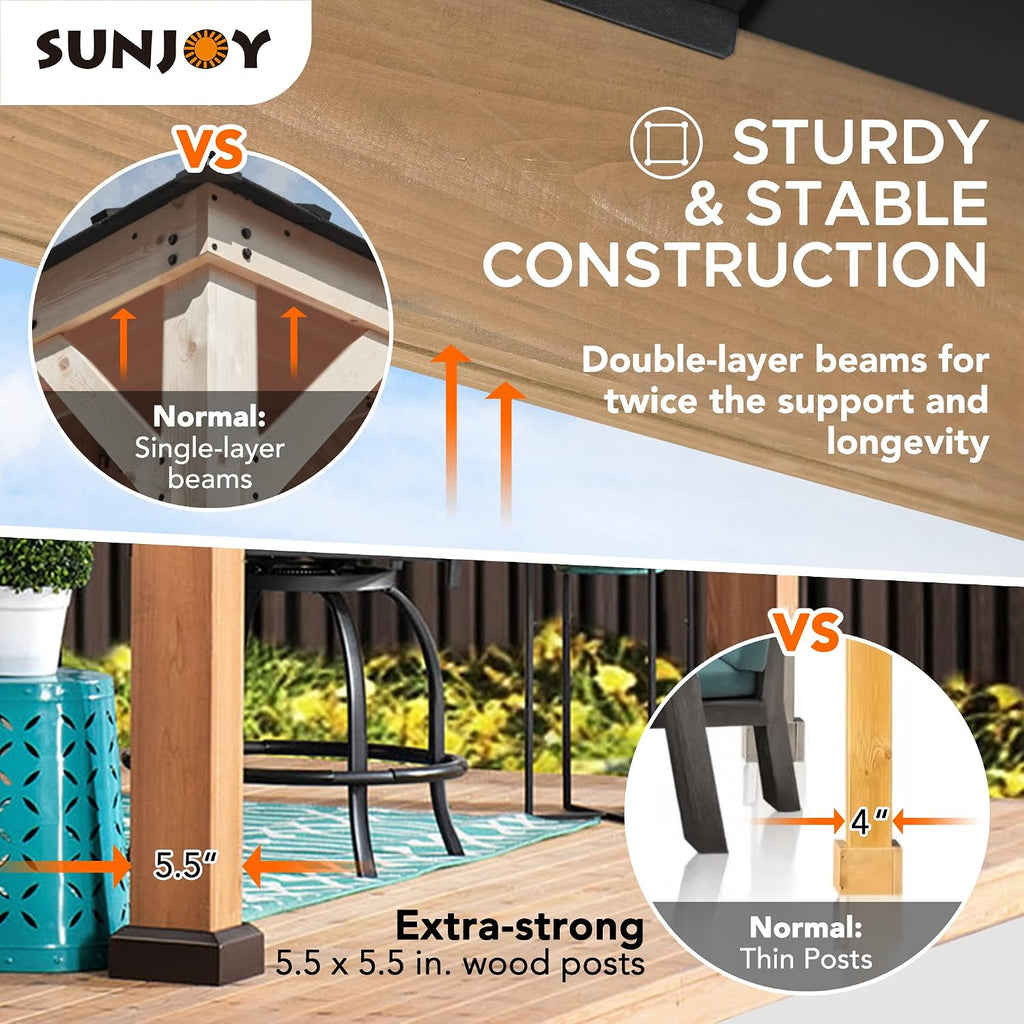 Sunjoy Hardtop Gazebo 9 x 9 ft. Upgrade Cedar Framed Wood Gazebo with Brown Steel & Polycarbonate Hip Roof Hardtop for Garden, Backyard Shade, Brown Roof + Natural Wood Frame