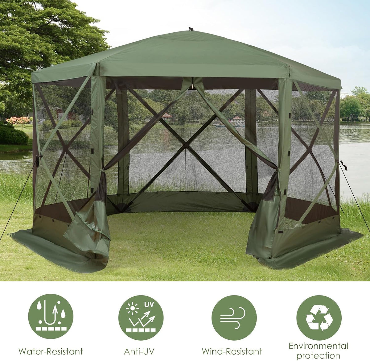 Outsunny Hexagon Screen House, Pop Up Tent Portable Gazebo Canopy Shelter with Mesh Netting Walls, Carry Bag and Shaded Interior, 12' x 12', Green