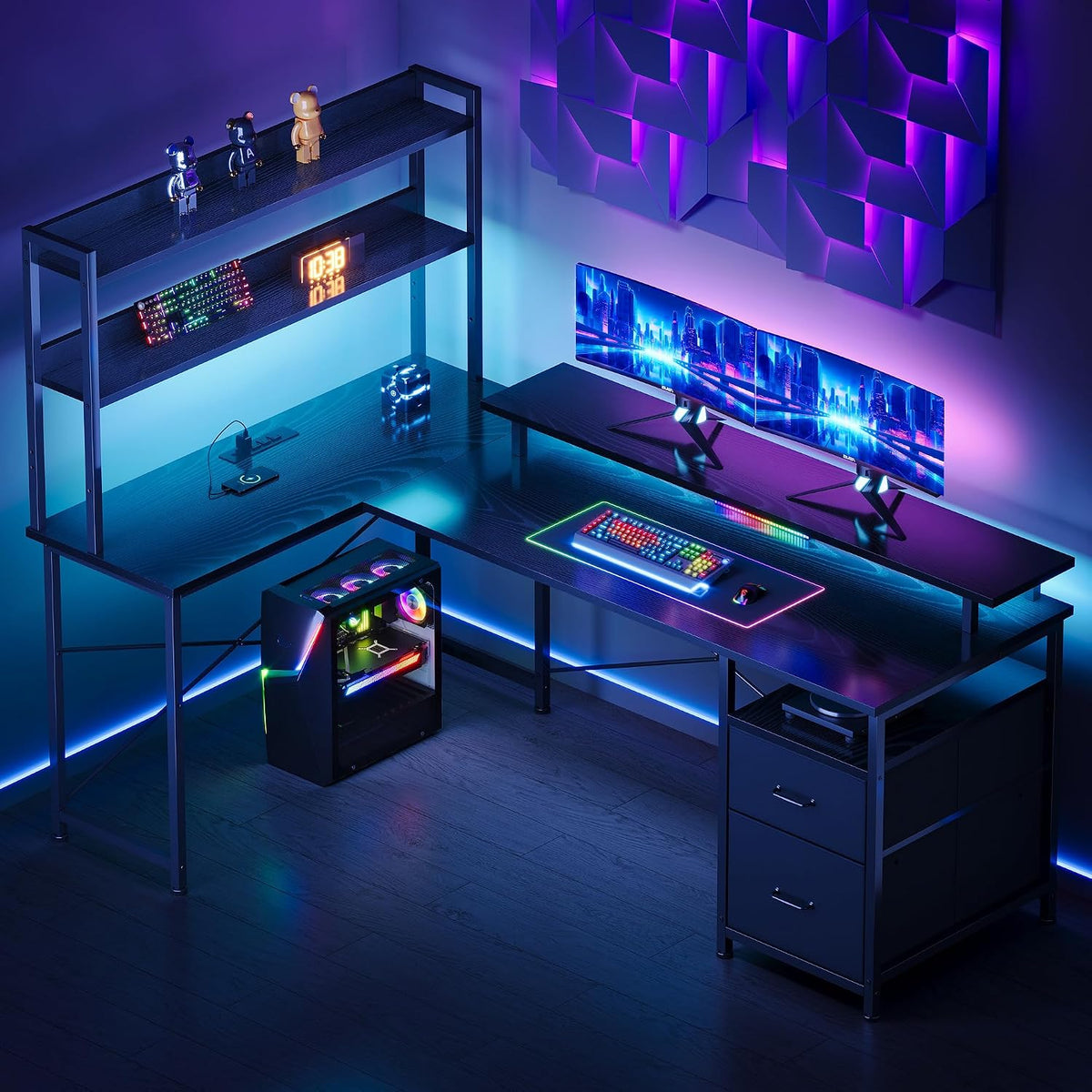 Maihail L Shaped Gaming Desk with Shelves,Reversible Computer Gaming Desk with LED Lights and Charging Station,Home Office Corner Desk with Monitor Stand,Black