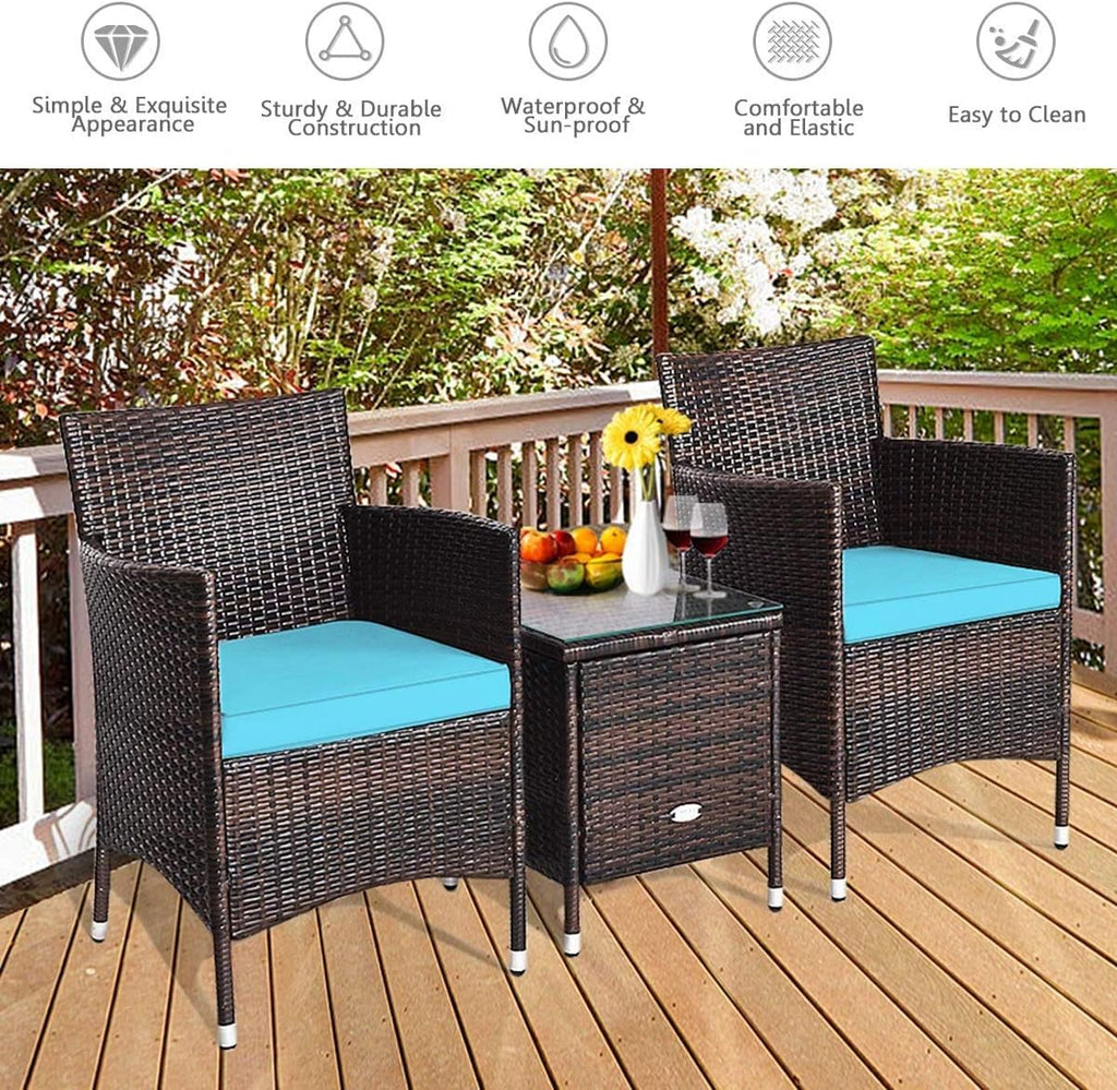 HAPPYGRILL 3-Pieces Patio Furniture Set Outdoor Rattan Wicker Conversation Set with Coffee Table Chairs & Cushions for Patio Garden Lawn Backyard Poolside