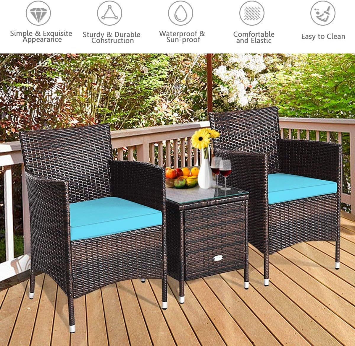 HAPPYGRILL 3-Pieces Patio Furniture Set Outdoor Rattan Wicker Conversation Set with Coffee Table Chairs & Cushions for Patio Garden Lawn Backyard Poolside
