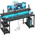 ODK 63 inch Computer Desk with Power Outlets & LED Lights, Gaming Desk with Monitor Stand & Storage Sheves, Home Office Desk, Carbon Fiber Black