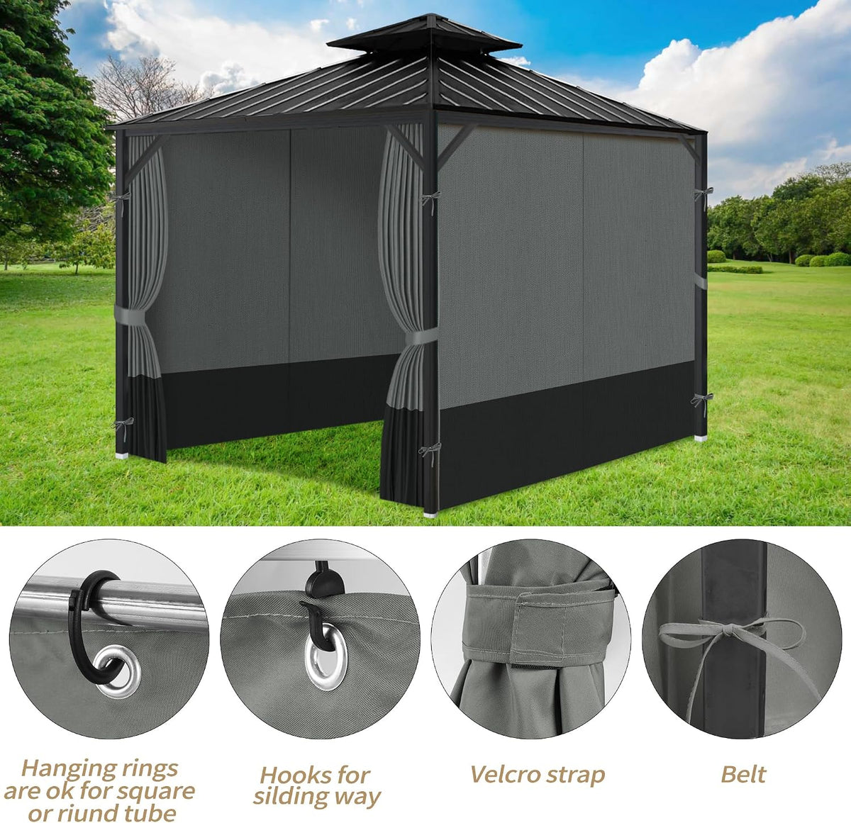 Gazebo Privacy Curtains 12 x 14' with Zipper 4-Panels Side Wall Universal Replacement for Patio, Outdoor Canopy, Garden and Backyard Gray and Black (Curtain Only)