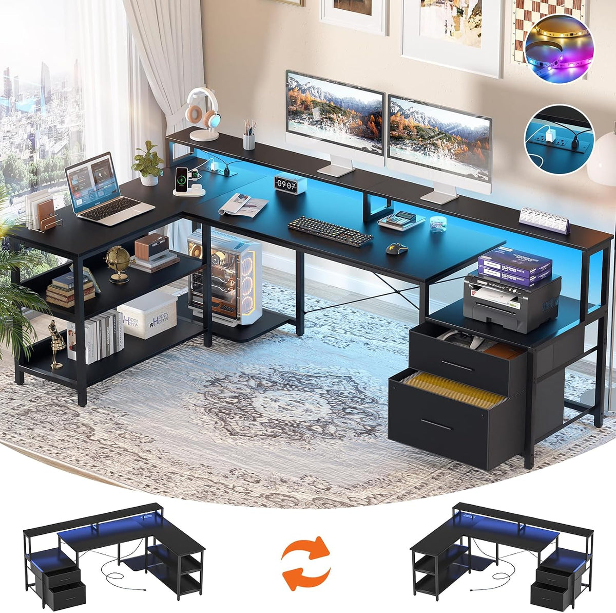 Aheaplus L Shaped Desk with File Drawer, 72.8' Reversible L Shaped Computer Desk with Power Outlet & LED Strip, Gaming Desks with Long Monitor Stand, Corner Office Desks with Storage Shelf, Black