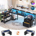 Aheaplus L Shaped Desk with Power Outlet, Reversible L Shaped Computer Desk with File Drawer & Monitor Stand, Gaming Desks with LED Strip, Home Office Desks with Storage Shelf,1Black