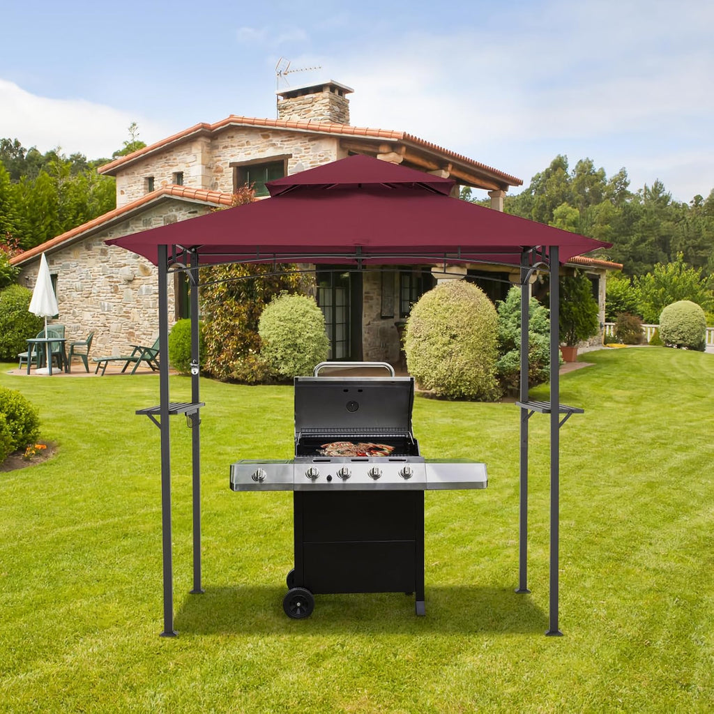AECOJOY 8' x 5' Grill Gazebo, Grill Canopy for Outdoor Grill, 2- Tier BBQ Gazebo Shelter for Patio, Backyard and More (Wine Red)