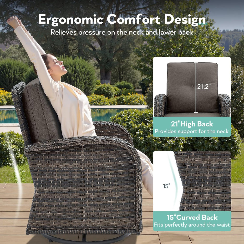 5 Piece Patio Furniture Set - Wicker Patio Conversation Set with Swivel Glider, Loveseat Bench, Tempered Glass Side Table and Coffee Table for Deck Backyard - Brown Wicker Grey Cushion