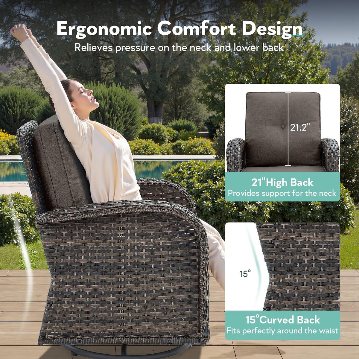 5 Piece Patio Furniture Set - Wicker Patio Conversation Set with Swivel Glider, Loveseat Bench, Tempered Glass Side Table and Coffee Table for Deck Backyard - Brown Wicker Grey Cushion