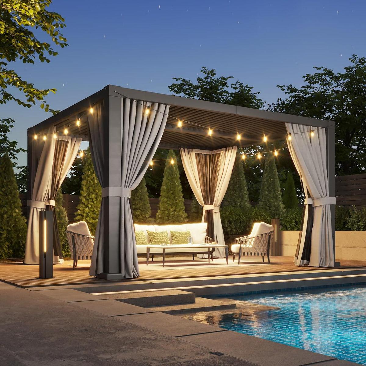 Aoxun Louvered Pergola 12' x 14' Outdoor Aluminum Pergola Adjustable Roof, with Waterproof Curtains and Nets, for Decks, Gardens, Gray