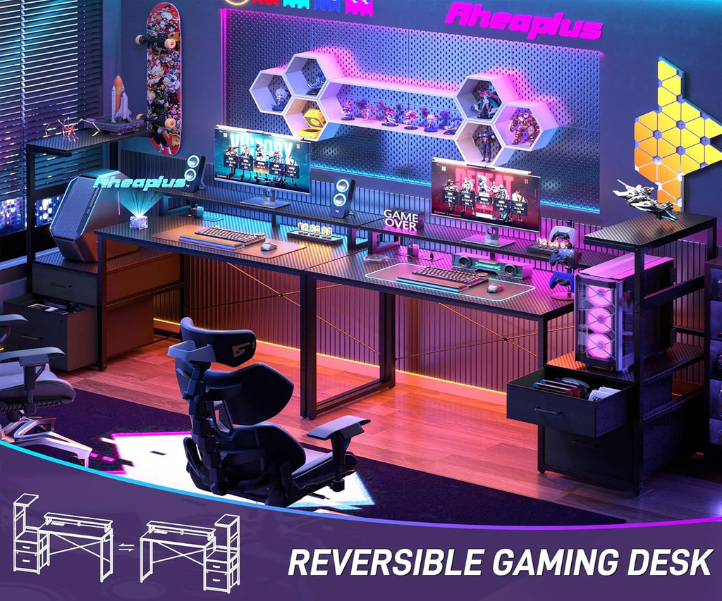 Aheaplus Gaming Desk with LED Strip & Power Outlet, 59Inch Reversible Computer Desk with Monitor Stand & Storage Shelves, Home Office Desks with Fabric File Drawer, PC Gamer Table, Carbon Fiber Black