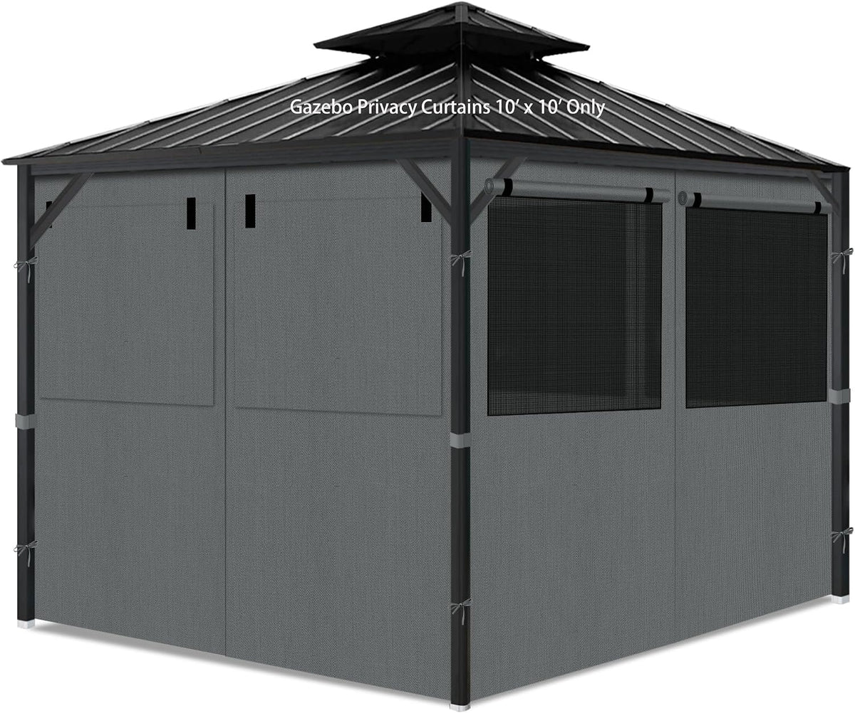 Gazebo Privacy Curtains 10' x 10' with Mosquito Windows, 4-Panels Side Wall with Zipper Universal Replacement for Patio, Outdoor Canopy, Garden and Backyard, Gray (Curtain Only)
