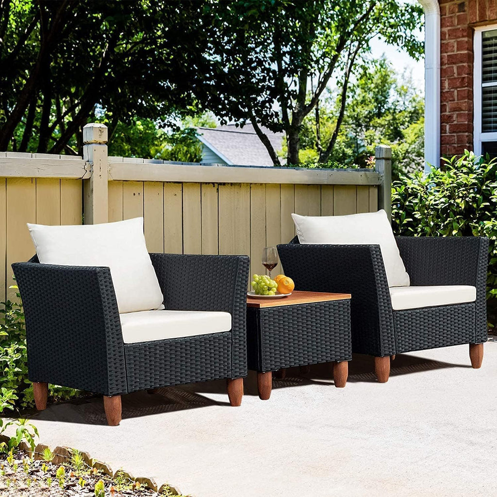 LDAILY Patio 3 Pieces Patio Furniture Set, PE Rattan Outdoor Wicker Sofa Chair with Washable Cushion & Wood Storage Table, Patio Conversation Set for Porch, Yard, Garden (White)