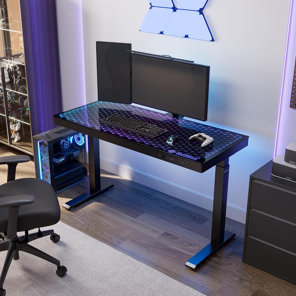 EUREKA ERGONOMIC Gaming Desk RGB Lights Height Adjustable 55 Inch Computer Table Home Office Standing Desk Glass Desk Music Sensing, Dual Motors,USB Ports, APP Control