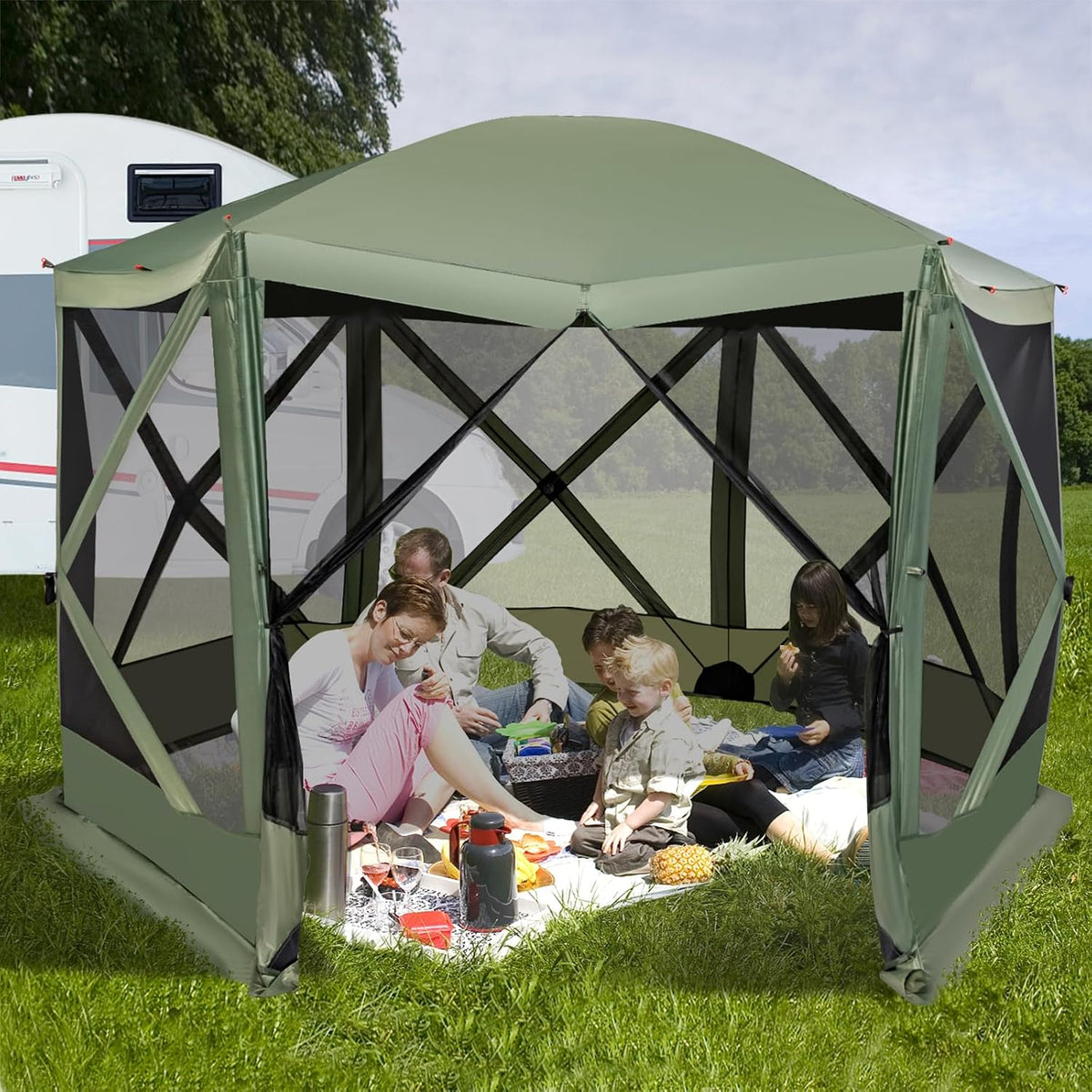 Tangkula 11.5x11.5 Ft Pop Up Gazebo with Netting, Portable Screen Tent with 6 Sided Mesh Walls, 2 Sunshade Cloths, Outdoor Instant Canopy Shelter with Carry Bag for Camping, Lawn, Backyard