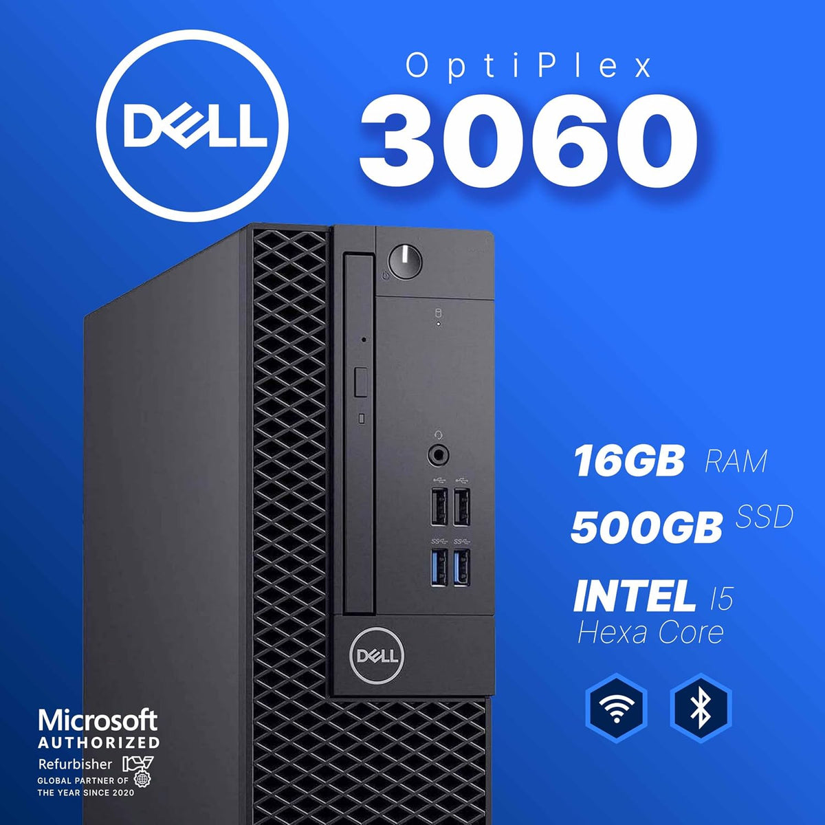 Dell OptiPlex 3060 Desktop | Intel i5 8th Gen | 16GB RAM | 500GB SSD | Win 11 Pro | Wireless Keyboard + Mouse | RGB Soundbar | 2K Webcam | Home & Office PC (Renewed)
