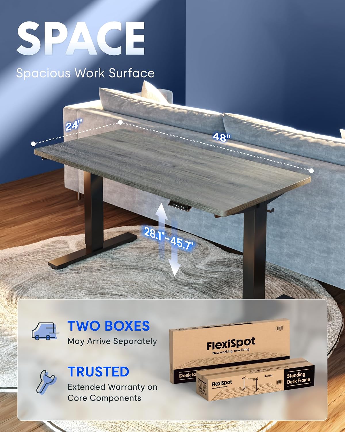 FLEXISPOT EN1 One-Piece Standing Desk, Electric Adjustable with 4 Memory Presets, 176 LBS Capacity, Stable & Quiet, Seamless Desktop for Home Office & Dual Monitors, 48'x24' Gray Wood