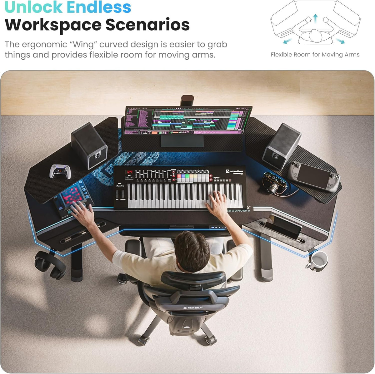 EUREKA ERGONOMIC Gaming Desk, Standing Desk w Keyboard Tray, 72' Wing Shaped Music Studio Table with LED Shelves, Gaming Recording Live Stream, Slot Design