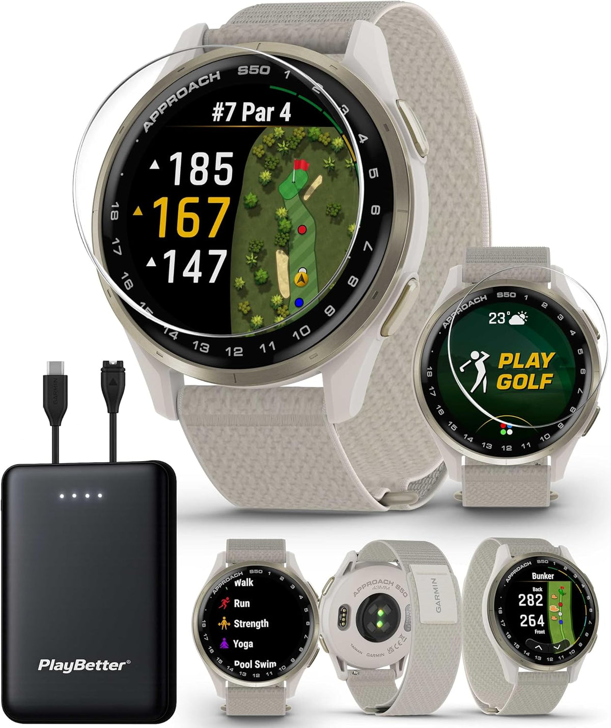 Garmin Approach S50 (Cream Gold/Ivory) Golf GPS Smartwatch Bundle - 1.2' AMOLED Display, On-Course Features, Wrist Heart Rate with PlayBetter Screen Protectors & 5000mAh Portable Charger