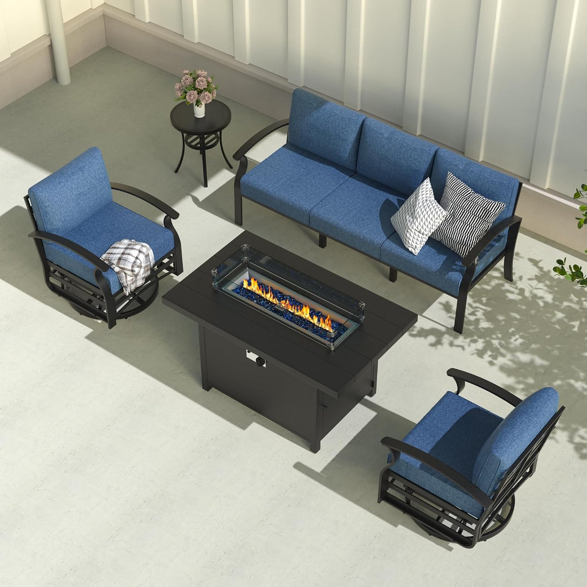 Aluminum Outdoor Patio Furniture Set,5 Pieces 5 Seats Metal Patio Sectional Furniture Set,Patio Conversation Sets with 45' Propane Fire Pit Table,Swivel Rocking Chairs Set,Navy Blue