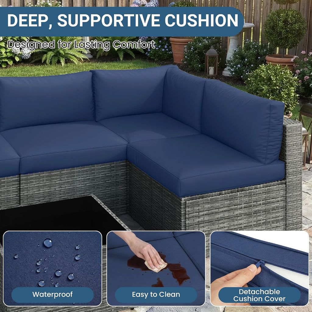 Wisteria Lane 7 Pieces Outdoor Patio Furniture Set, Wicker Outdoor Patio Sectional Sofas with Coffee Table, All-Weather Patio Conversation Set for Backyard Garden, Navy Blue