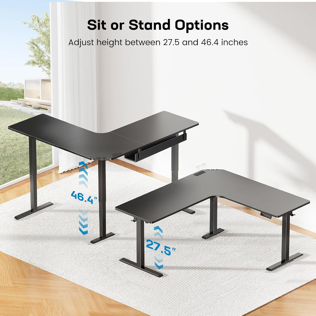 HUANUO Electric L Shaped Standing Desk, 63' x 63' Height Adjustable Corner Standing Desk with Built-in Power Outlets & Power Strip Holder, Sit Stand Up Table with 4 Preset Heights, Black