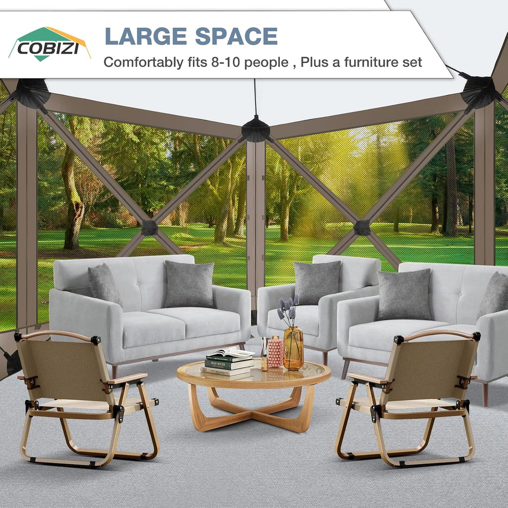 COBIZI Pop Up Gazebo Screen Tent Screen House for Camping, 10FTx10FT Screen Room with Mosquito Netting, Hub Tent Instant Screened Canopy with Carrying Bag and Ground Stakes, Brown