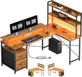 Maihail L Shaped Desk with Shelves,Reversible Computer Desk with LED Lights and Charging Station,Home Office Corner Desk with Monitor Stand,Brown2